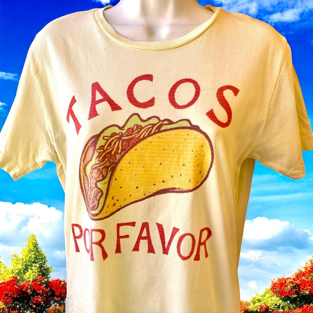 TACOS POR FAVOR Yellow Graphic T-Shirt Womens Small - Picture 2 of 9
